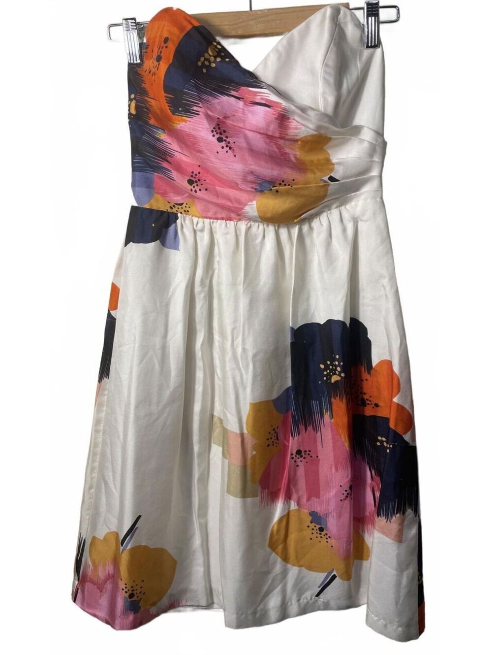 Be Seduced Strapless Floral Mini Dress Womens Size 10 Silk Pleated Romantic